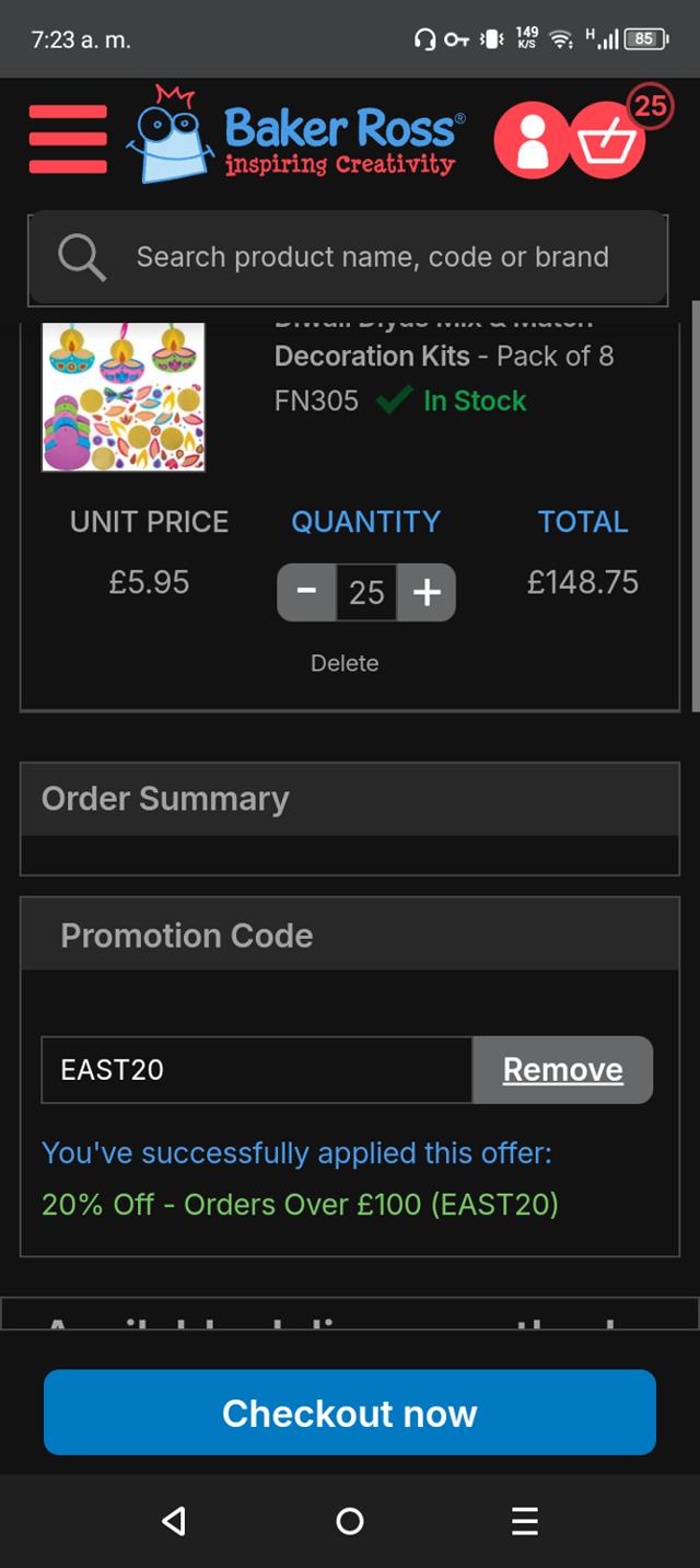 Baker Ross checkout page showing Baker Ross promo code box | Screenshot taken by SimplyCodes community member on Apr 21, 2025