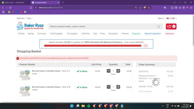 Baker Ross checkout page showing Baker Ross promo code box | Screenshot taken by SimplyCodes community member on Apr 21, 2025