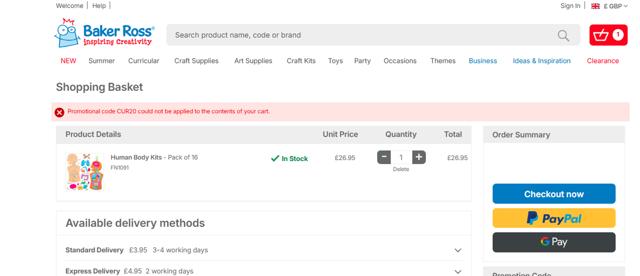 Baker Ross checkout page showing Baker Ross promo code box | Screenshot taken by SimplyCodes community member on Jun 17, 2025