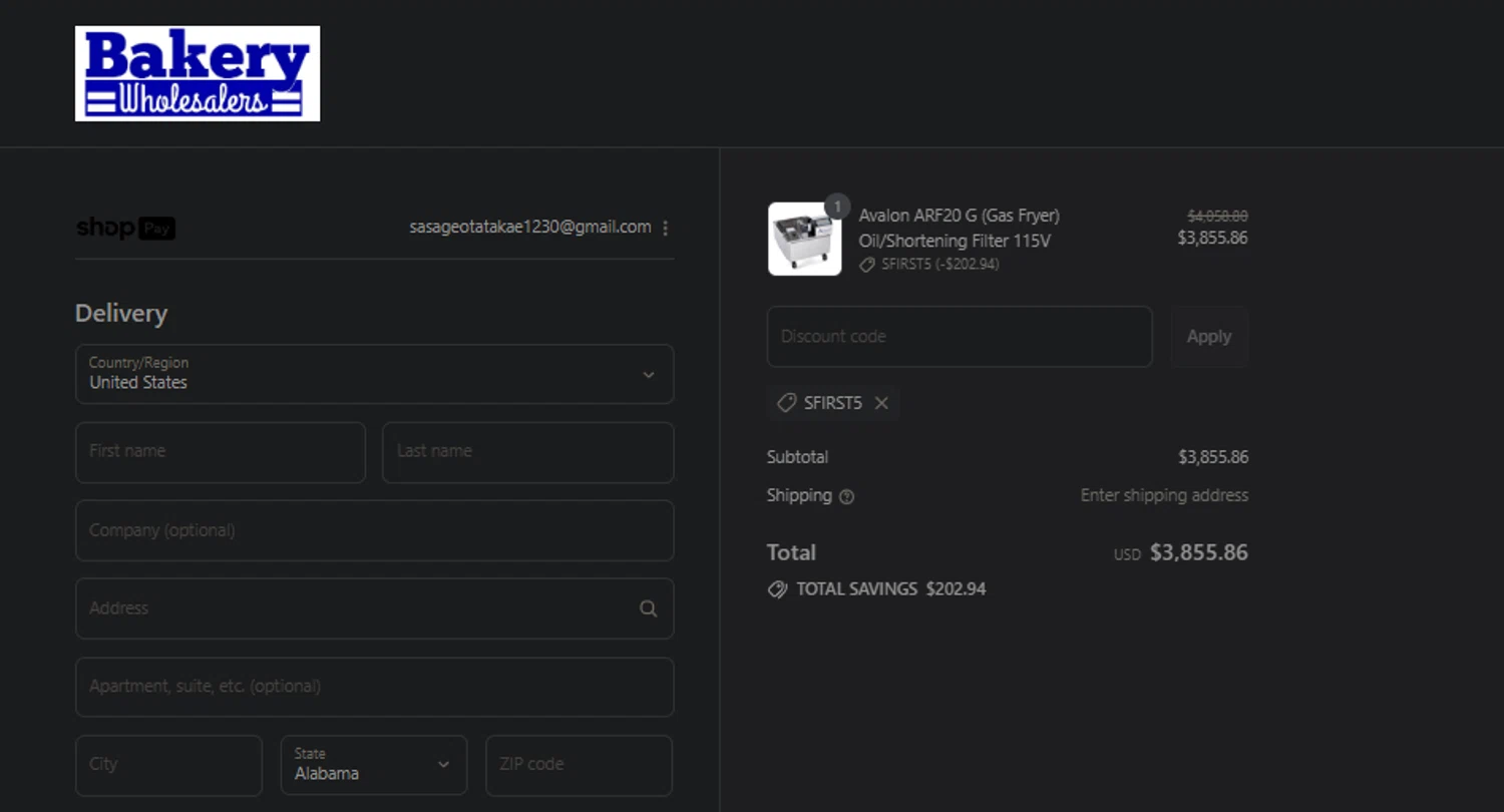 Bakery Wholesalers promo code screenshot showing code Sfirst5 applied at Bakery Wholesalers checkout page. Uploaded by SimplyCodes community member FIREINTHEHOLE on Aug 12, 2025