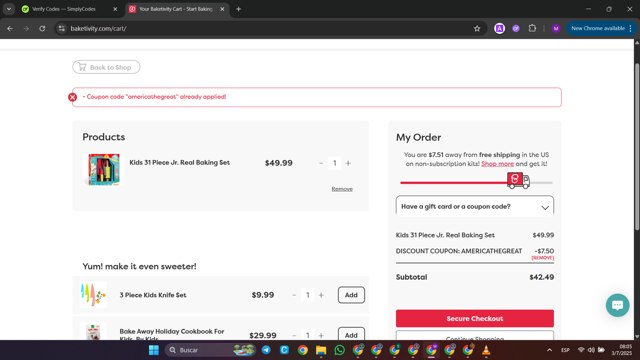 Baketivity checkout page showing Baketivity coupon code box | Screenshot taken by SimplyCodes community member on Jul 3, 2025