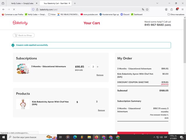 Baketivity checkout page showing Baketivity coupon code box | Screenshot taken by SimplyCodes community member on Jul 3, 2025