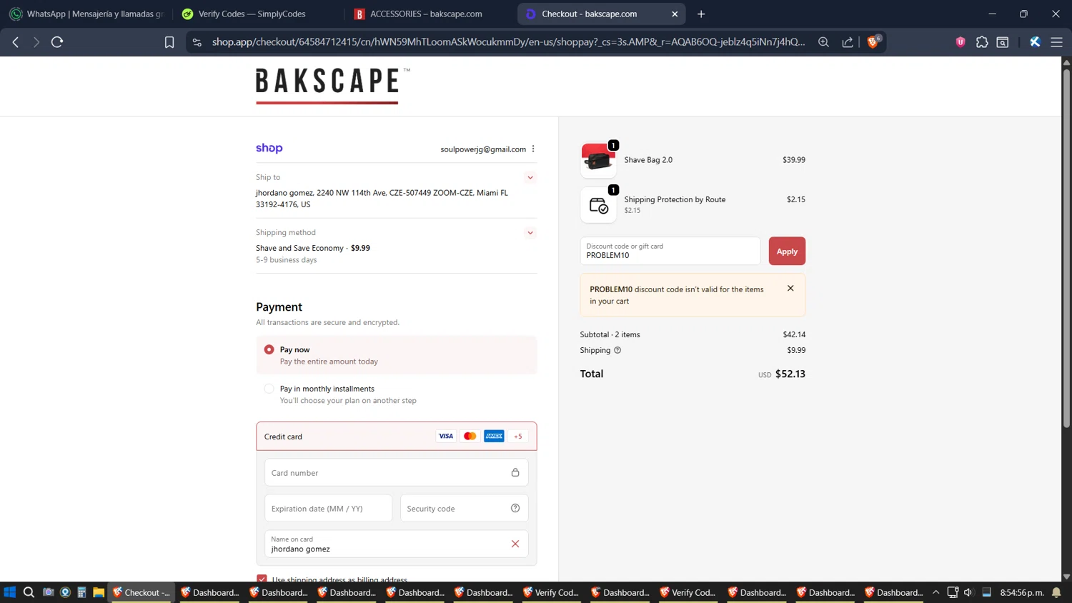 bakscape.com discount code screenshot showing code PROBLEM10 applied at bakscape.com checkout page. Uploaded by SimplyCodes community member SimplyGOAT on Nov 11, 2025