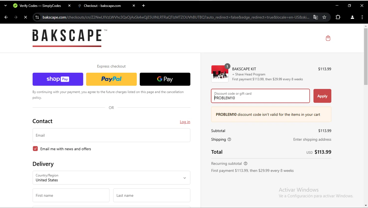 bakscape.com discount code screenshot showing code PROBLEM10 applied at bakscape.com checkout page. Uploaded by SimplyCodes community member feliutorres on Feb 26, 2025
