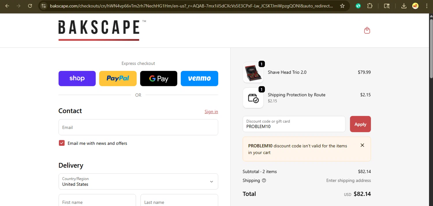 bakscape.com discount code screenshot showing code PROBLEM10 applied at bakscape.com checkout page. Uploaded by SimplyCodes community member giselmarstephanny on Nov 5, 2025