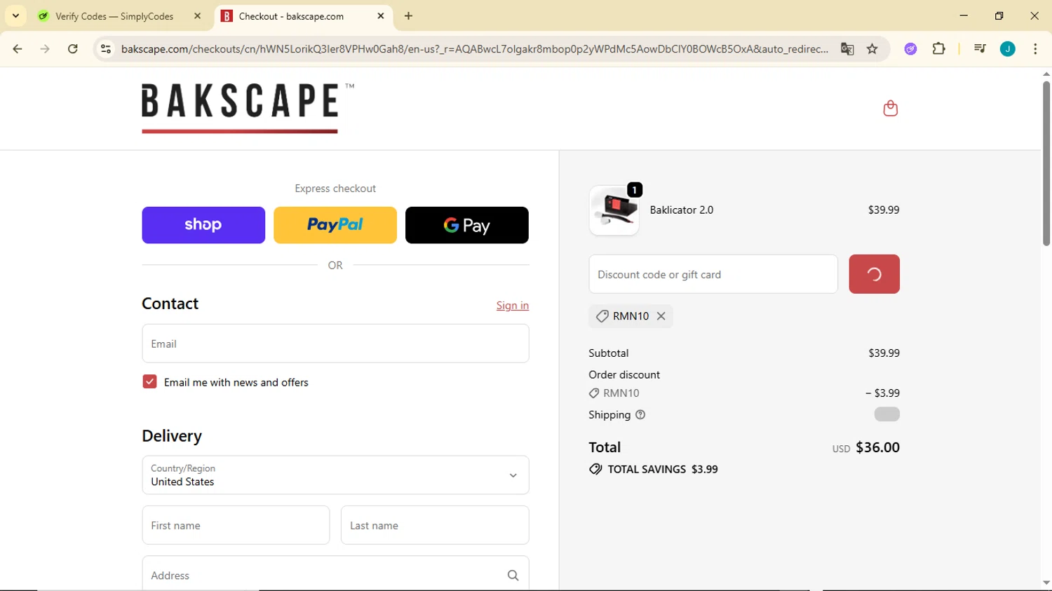 bakscape.com discount code screenshot showing code RMN10 applied at bakscape.com checkout page. Uploaded by SimplyCodes community member GoldDefender3268 on Nov 16, 2025