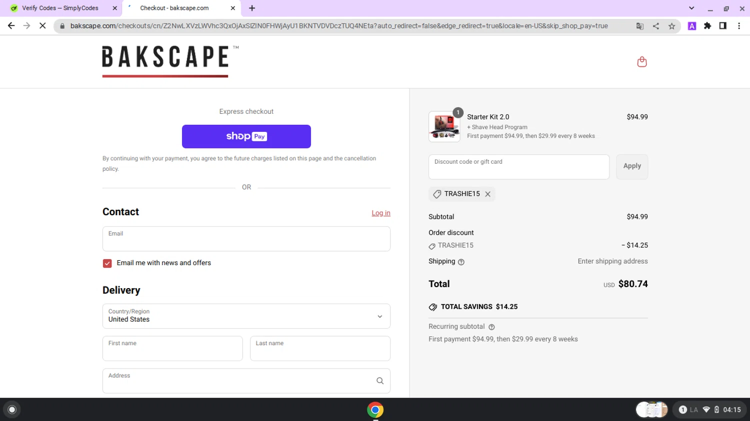 bakscape.com discount code screenshot showing code TRASHIE15 applied at bakscape.com checkout page. Uploaded by SimplyCodes community member lapampita on May 18, 2025