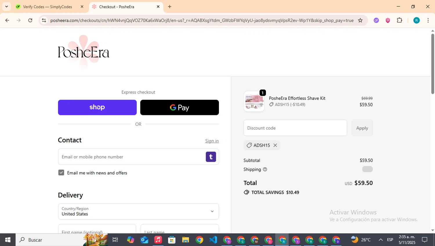 bakscape.com discount code screenshot showing code ADSH15 applied at bakscape.com checkout page. Uploaded by SimplyCodes community member BudgetHero4407 on Nov 5, 2025