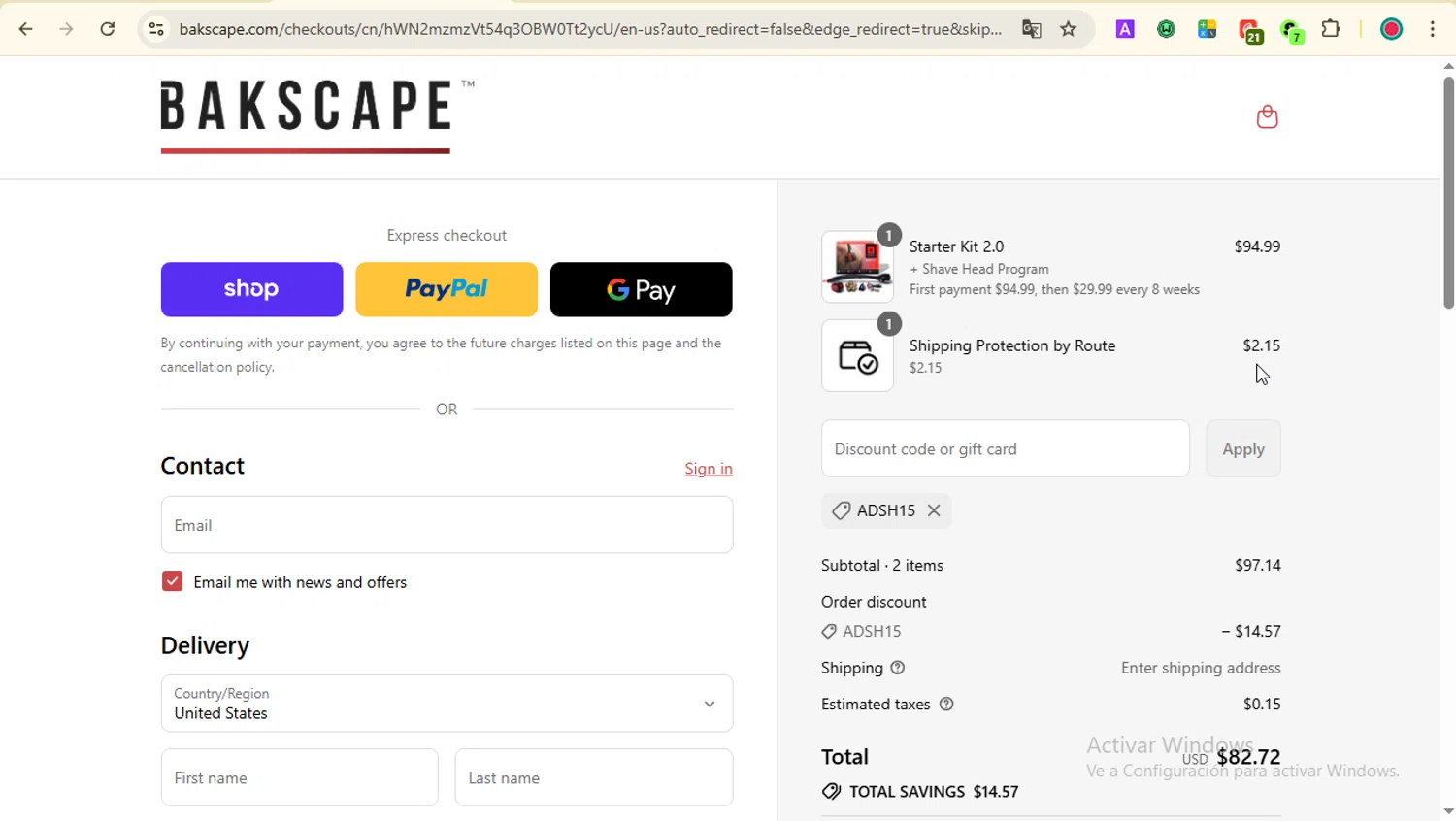 bakscape.com discount code screenshot showing code ADSH15 applied at bakscape.com checkout page. Uploaded by SimplyCodes community member LOVECOUPON on Sep 9, 2025