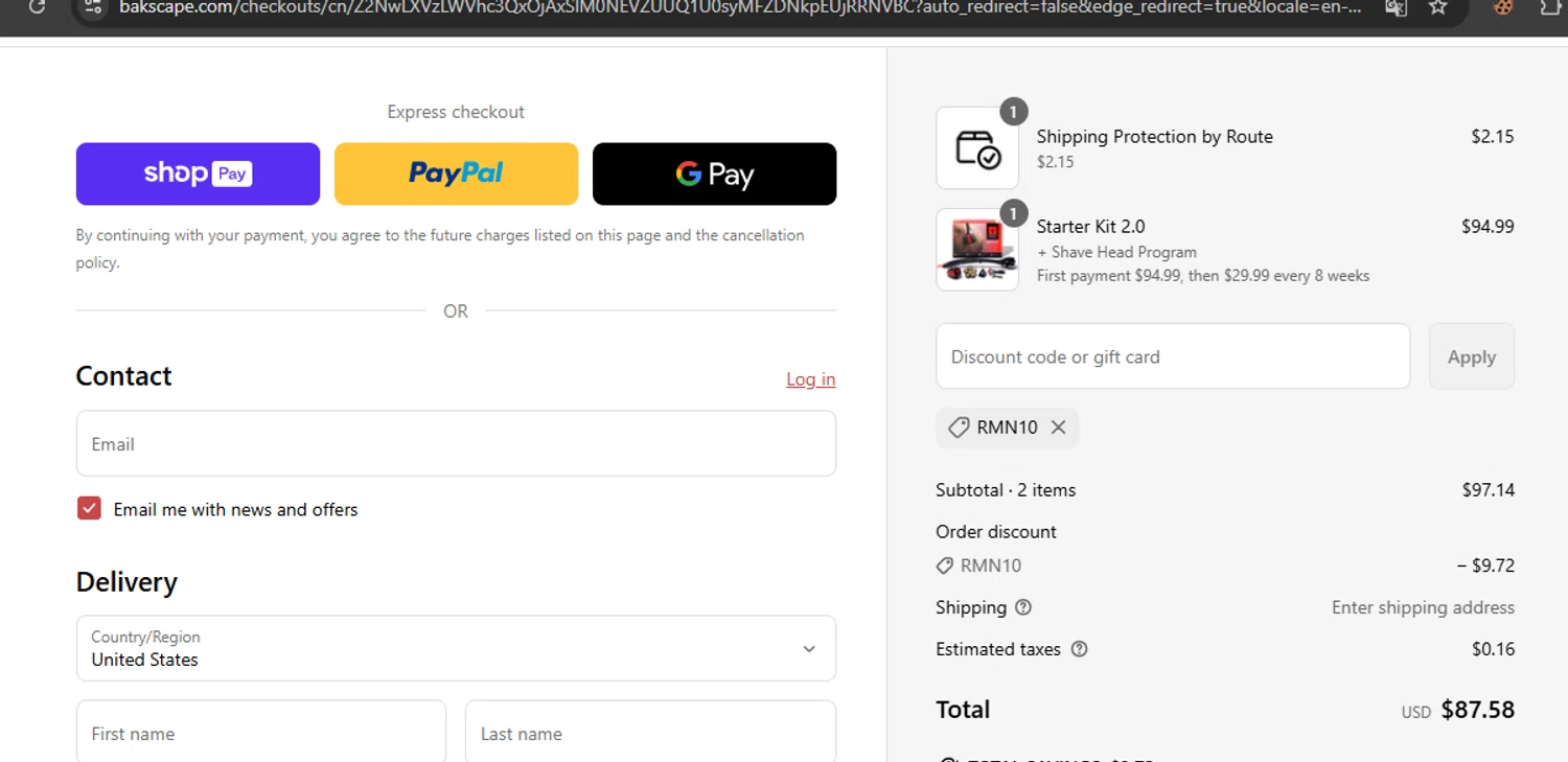 bakscape.com discount code screenshot showing code RMN10 applied at bakscape.com checkout page. Uploaded by SimplyCodes community member javierprez on May 12, 2025