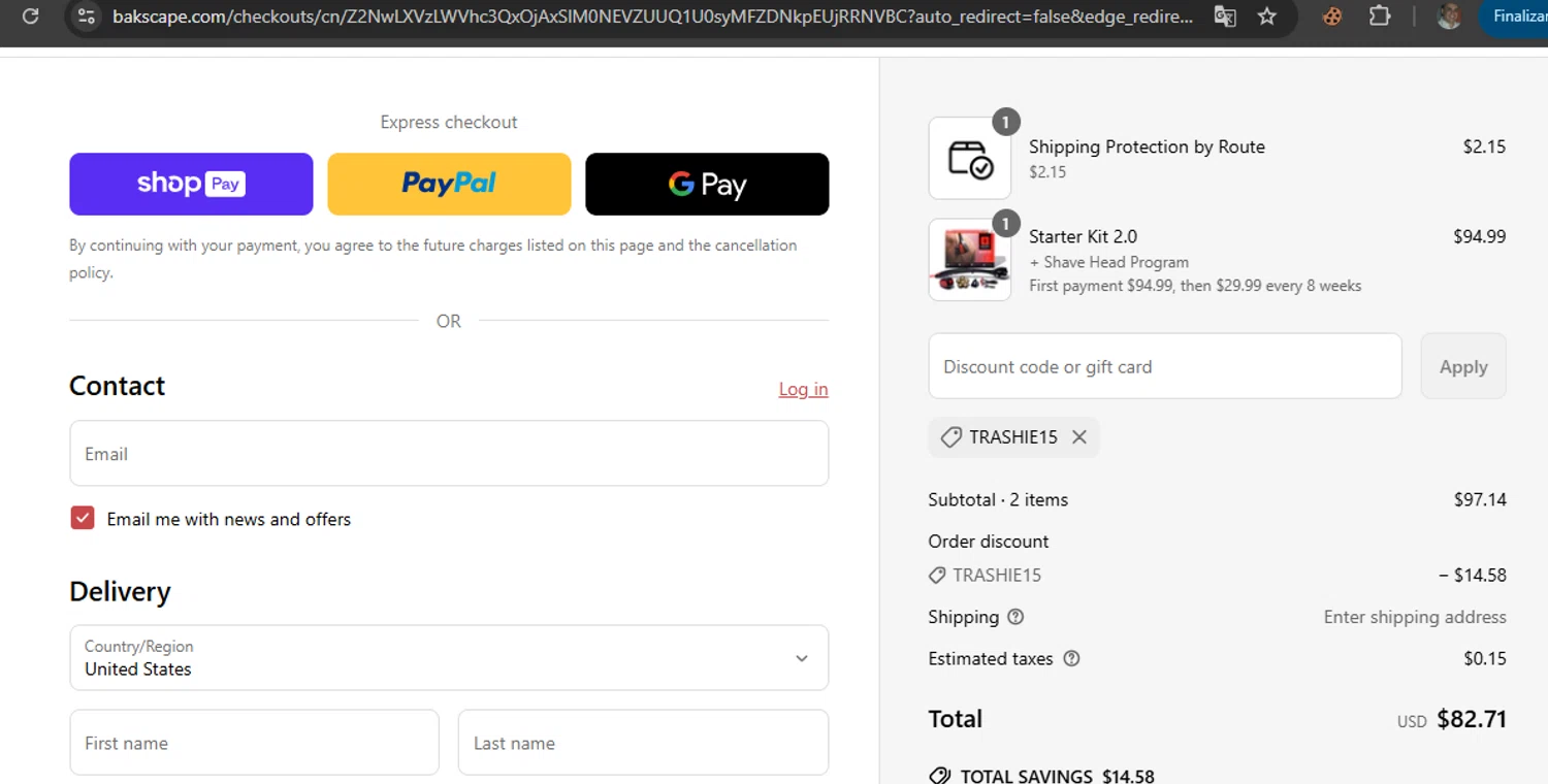 bakscape.com discount code screenshot showing code TRASHIE15 applied at bakscape.com checkout page. Uploaded by SimplyCodes community member javierprez on May 18, 2025