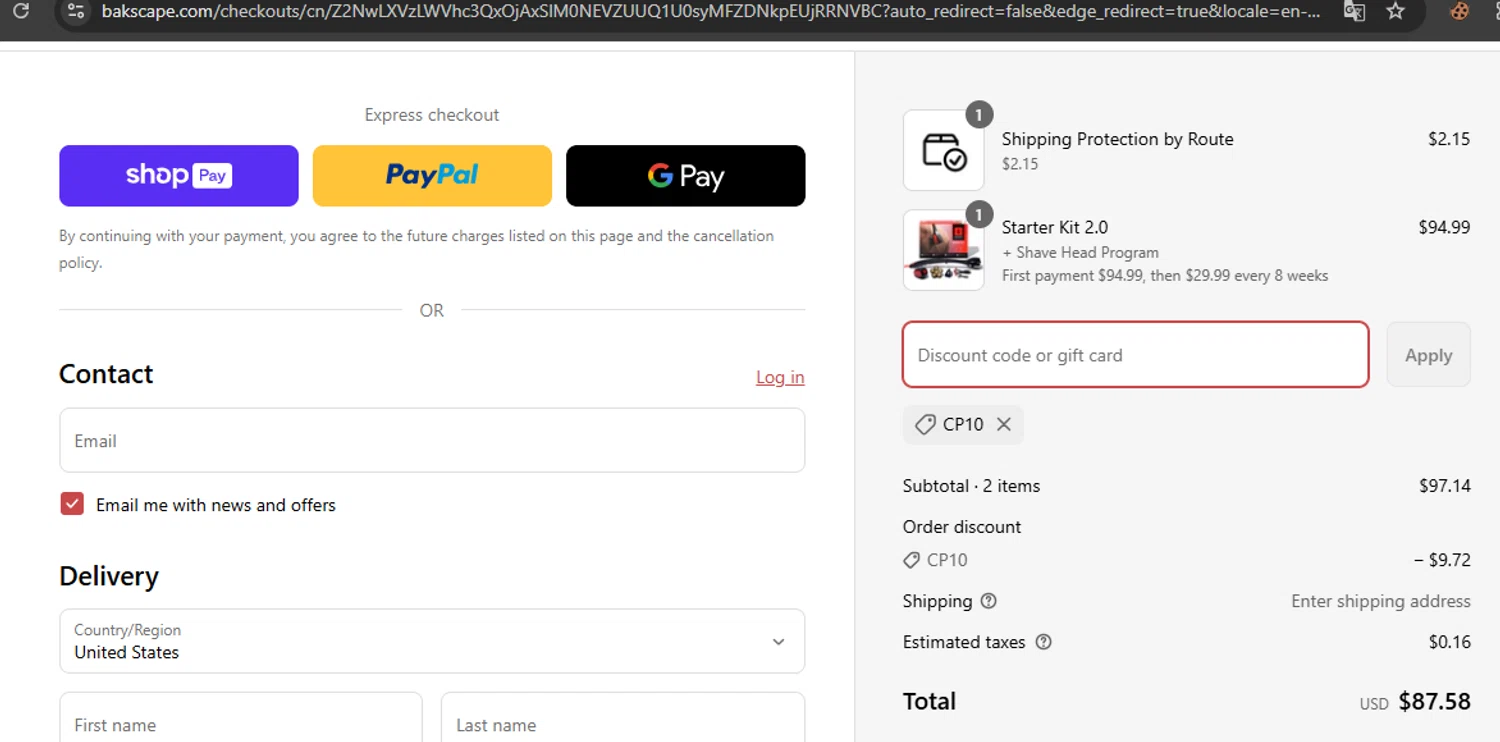 bakscape.com discount code screenshot showing code CP10 applied at bakscape.com checkout page. Uploaded by SimplyCodes community member javierprez on Apr 18, 2025