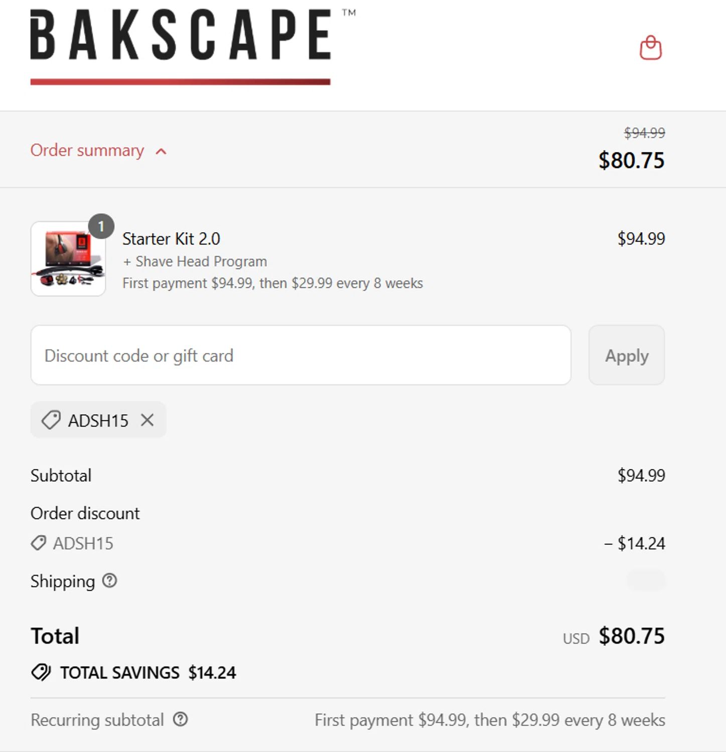 bakscape.com discount code screenshot showing code ADSH15 applied at bakscape.com checkout page. Uploaded by SimplyCodes community member DORIANGEL on Sep 5, 2025