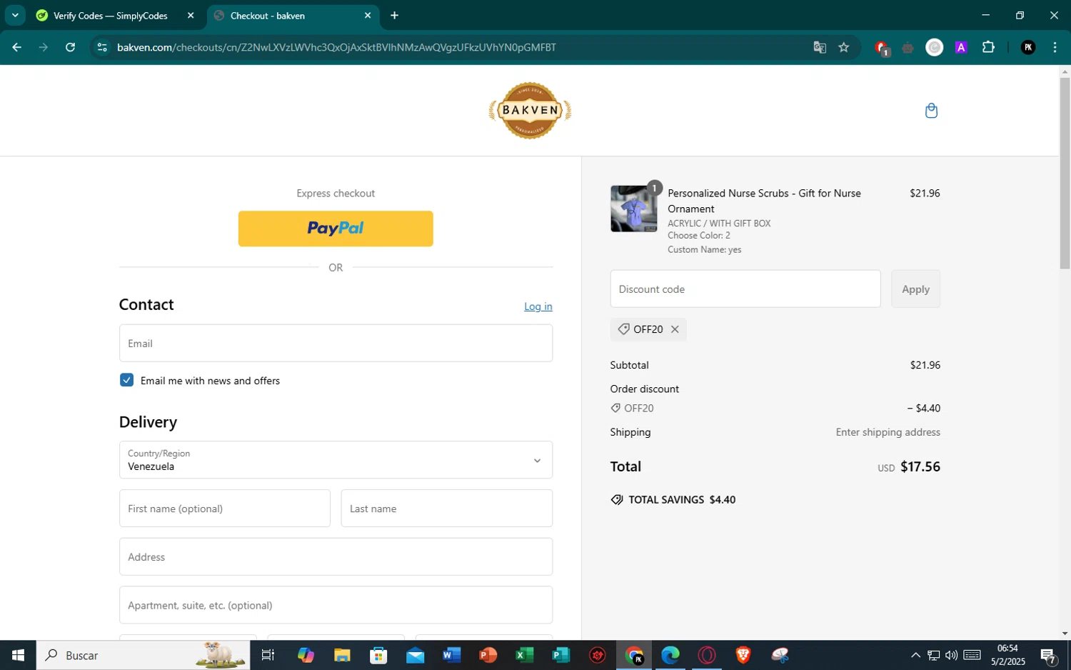 bakven discount code screenshot showing code OFF20 applied at bakven checkout page. Uploaded by SimplyCodes community member CristianoRonaldoDosSantos on Feb 5, 2025