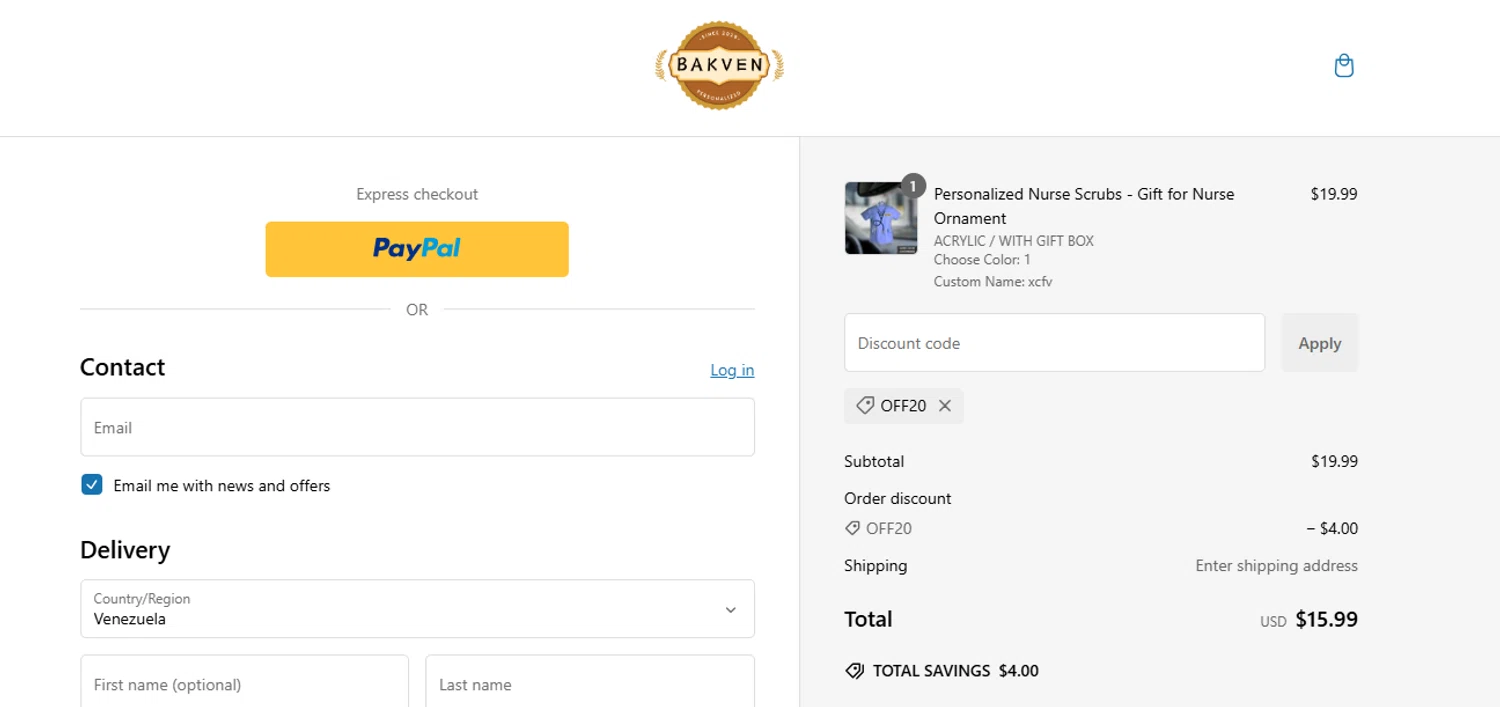 bakven discount code screenshot showing code OFF20 applied at bakven checkout page. Uploaded by SimplyCodes community member BrilliantFalcon6936 on Jan 7, 2025