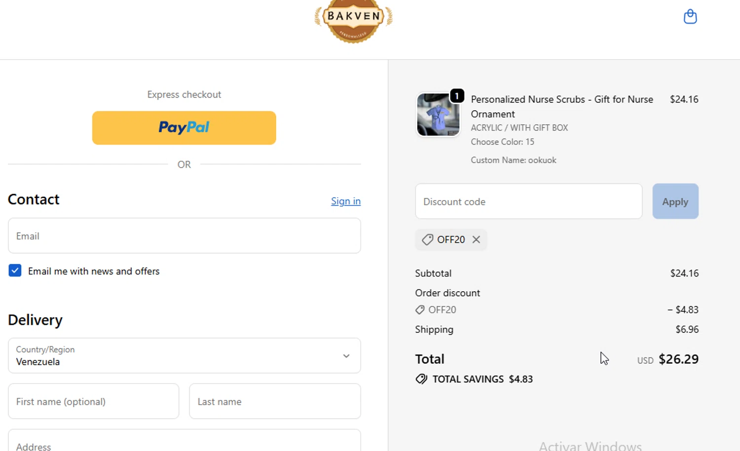 bakven discount code screenshot showing code OFF20 applied at bakven checkout page. Uploaded by SimplyCodes community member ligthYA on Nov 30, 2025