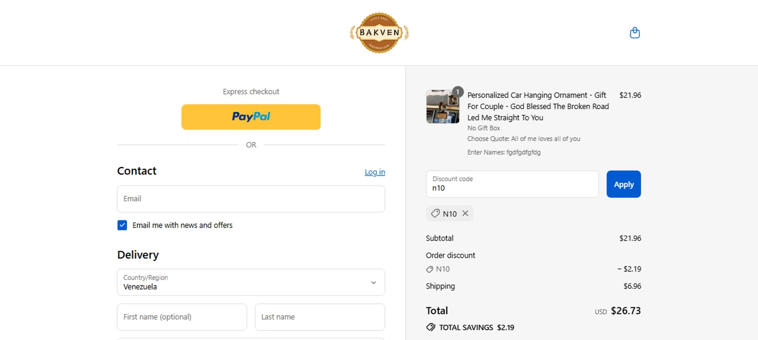 bakven discount code screenshot showing code n10 applied at bakven checkout page. Uploaded by SimplyCodes community member CarmenAyuth on Aug 15, 2025