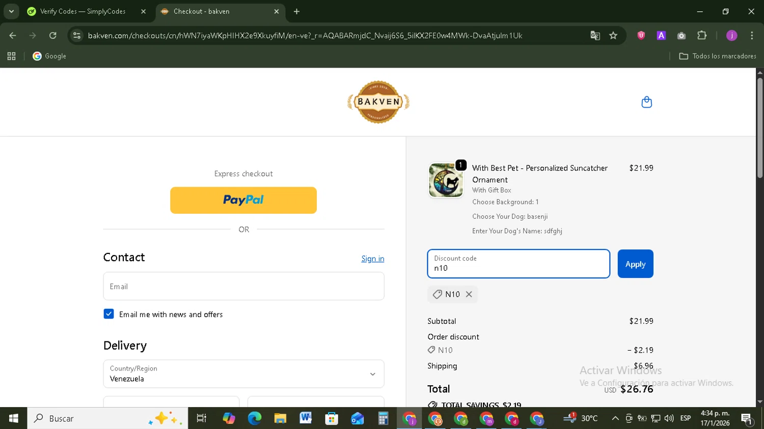 bakven discount code screenshot showing code n10 applied at bakven checkout page. Uploaded by SimplyCodes community member Tazbravo on Jan 17, 2026