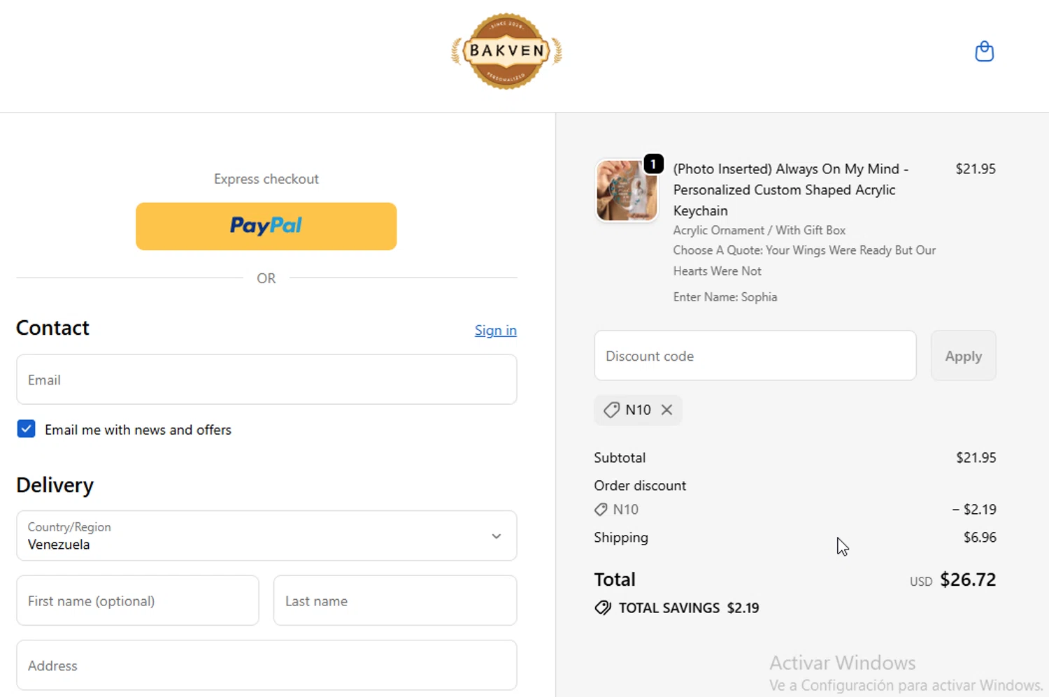 bakven discount code screenshot showing code n10 applied at bakven checkout page. Uploaded by SimplyCodes community member danyx_gx on Dec 28, 2025