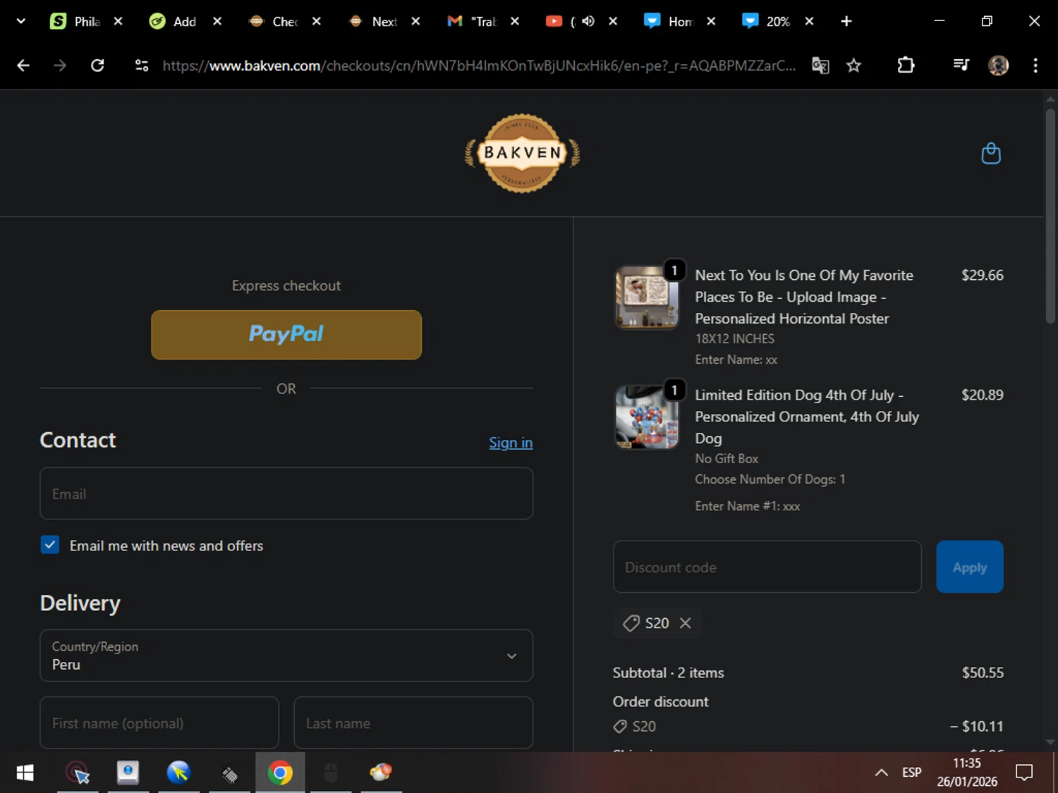 bakven discount code screenshot showing code S20 applied at bakven checkout page. Uploaded by SimplyCodes community member MarcosAranguren on Jan 26, 2026