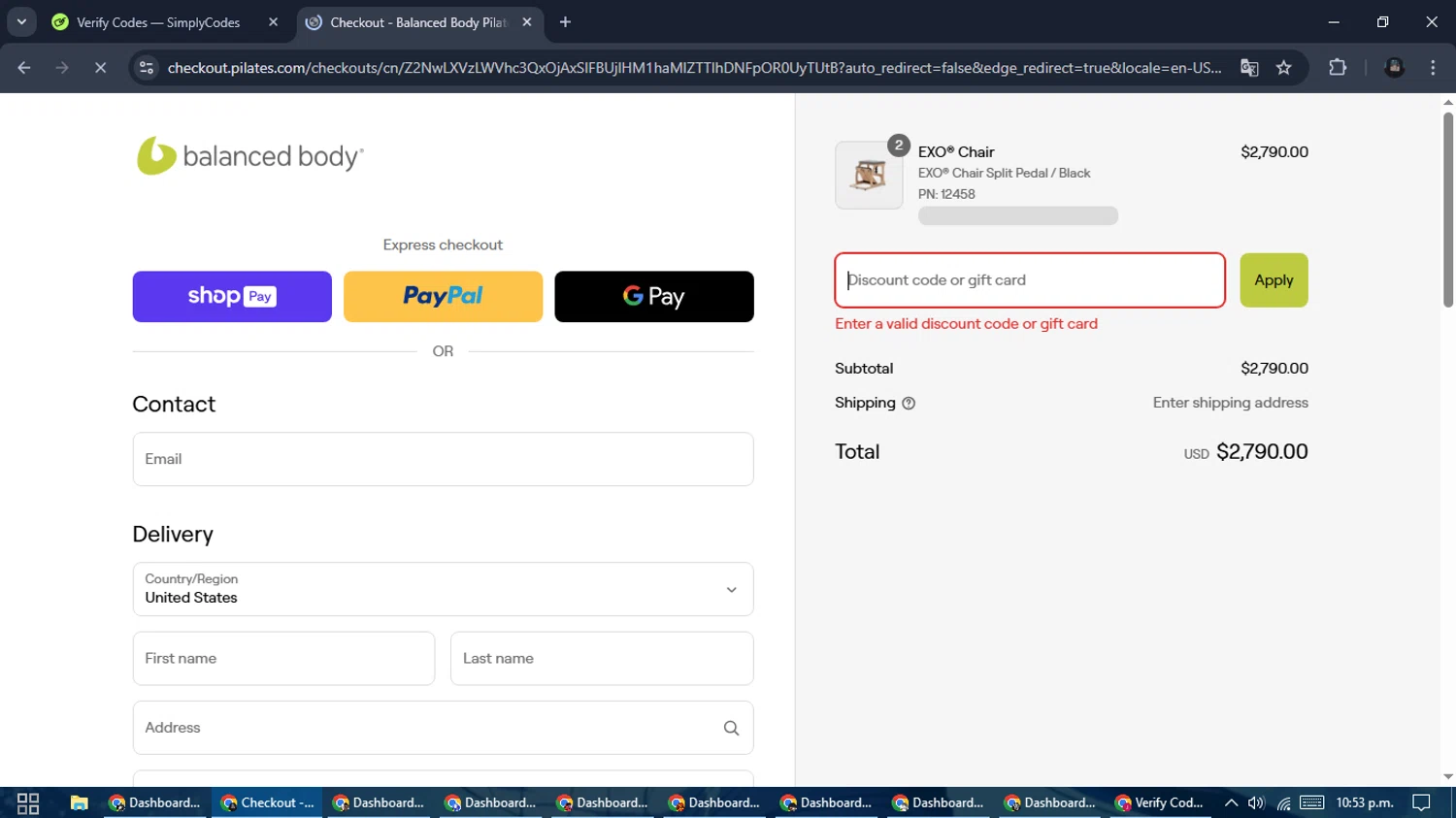 Balanced Body promo code screenshot showing code potitalyeeb applied at Balanced Body checkout page. Uploaded by SimplyCodes community member ValueElite5945 on Mar 27, 2025