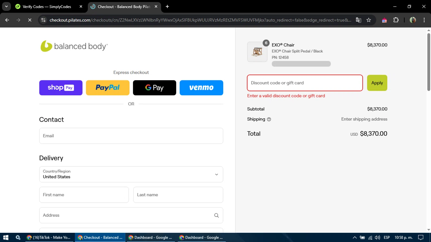 Balanced Body promo code screenshot showing code potitalyeeb applied at Balanced Body checkout page. Uploaded by SimplyCodes community member MoneySentinel7597 on Mar 27, 2025