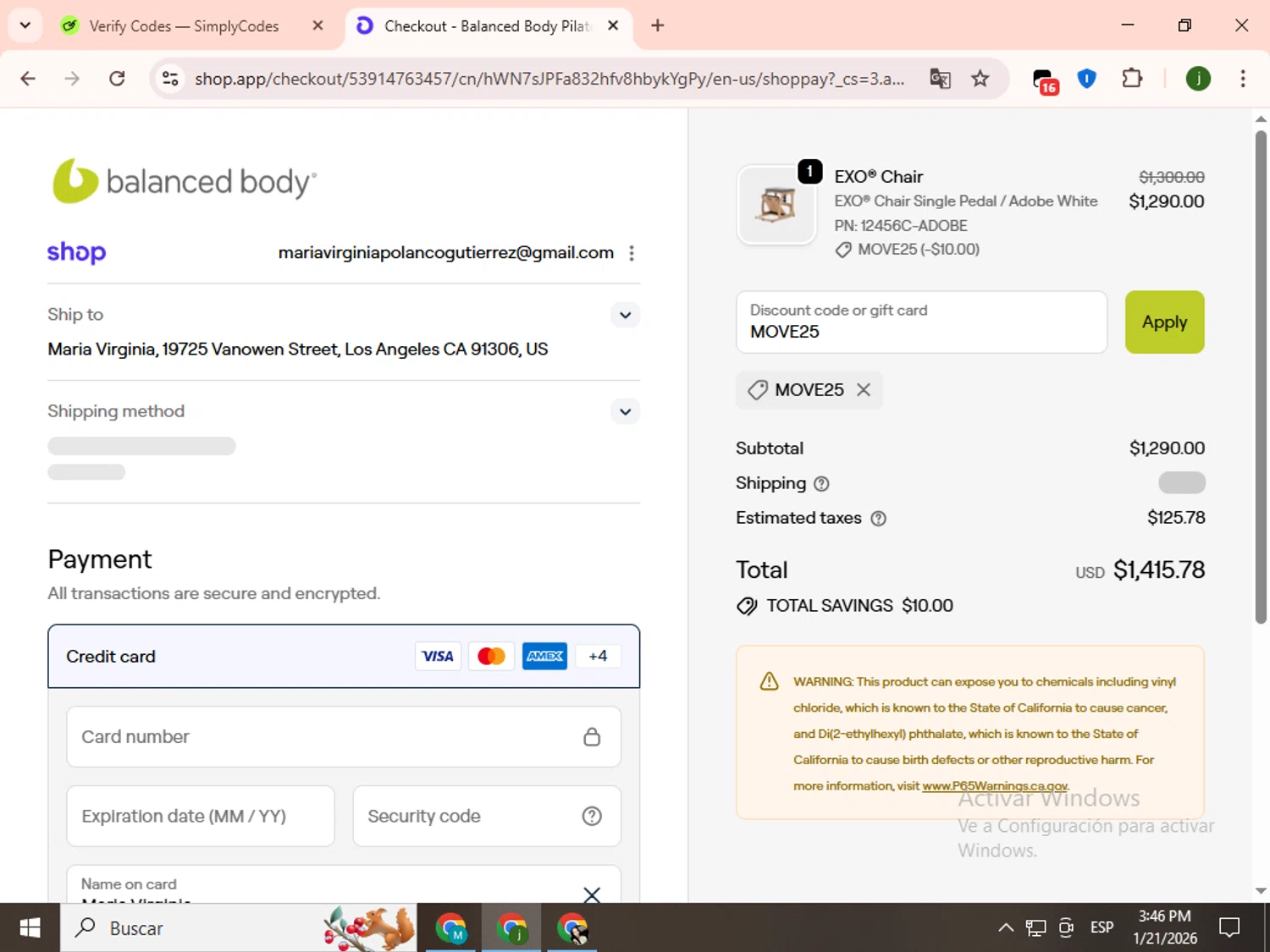 Balanced Body promo code screenshot showing code MOVE25 applied at Balanced Body checkout page. Uploaded by SimplyCodes community member SavingsCollector2592 on Jan 21, 2026