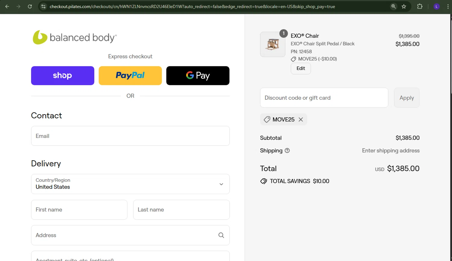 Balanced Body promo code screenshot showing code MOVE25 applied at Balanced Body checkout page. Uploaded by SimplyCodes community member richard007 on Aug 8, 2025