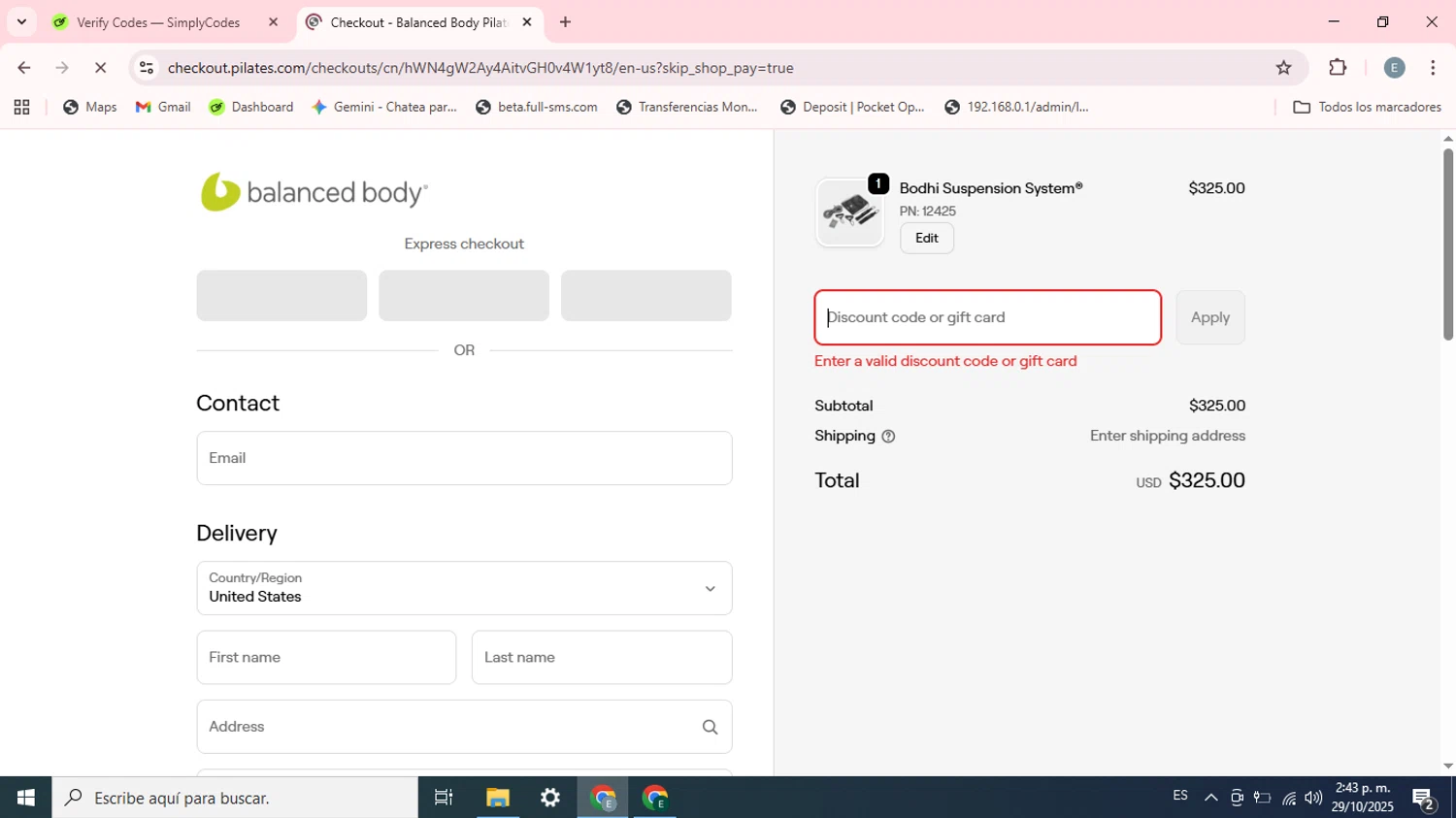 Balanced Body promo code screenshot showing code ExtraEarlyBird applied at Balanced Body checkout page. Uploaded by SimplyCodes community member Esteban on Oct 29, 2025
