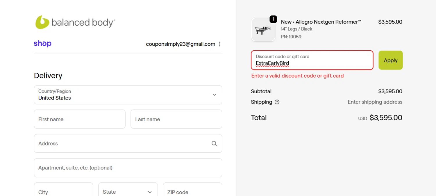 Balanced Body promo code screenshot showing code ExtraEarlyBird applied at Balanced Body checkout page. Uploaded by SimplyCodes community member TomaTuYukota on Nov 6, 2025
