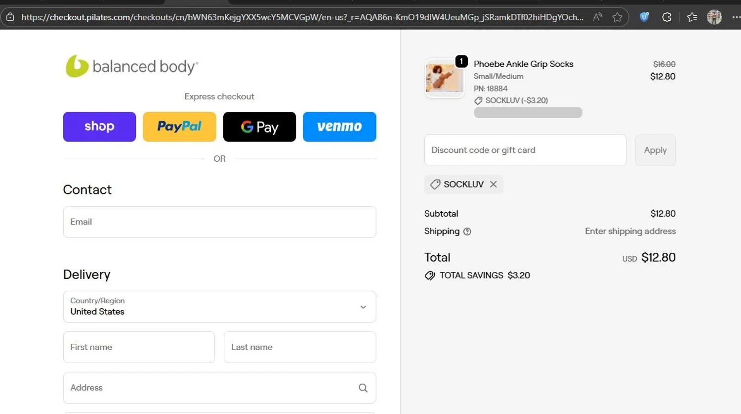 Balanced Body promo code screenshot showing code SOCKLUV applied at Balanced Body checkout page. Uploaded by SimplyCodes community member HonestVzla on Dec 5, 2025