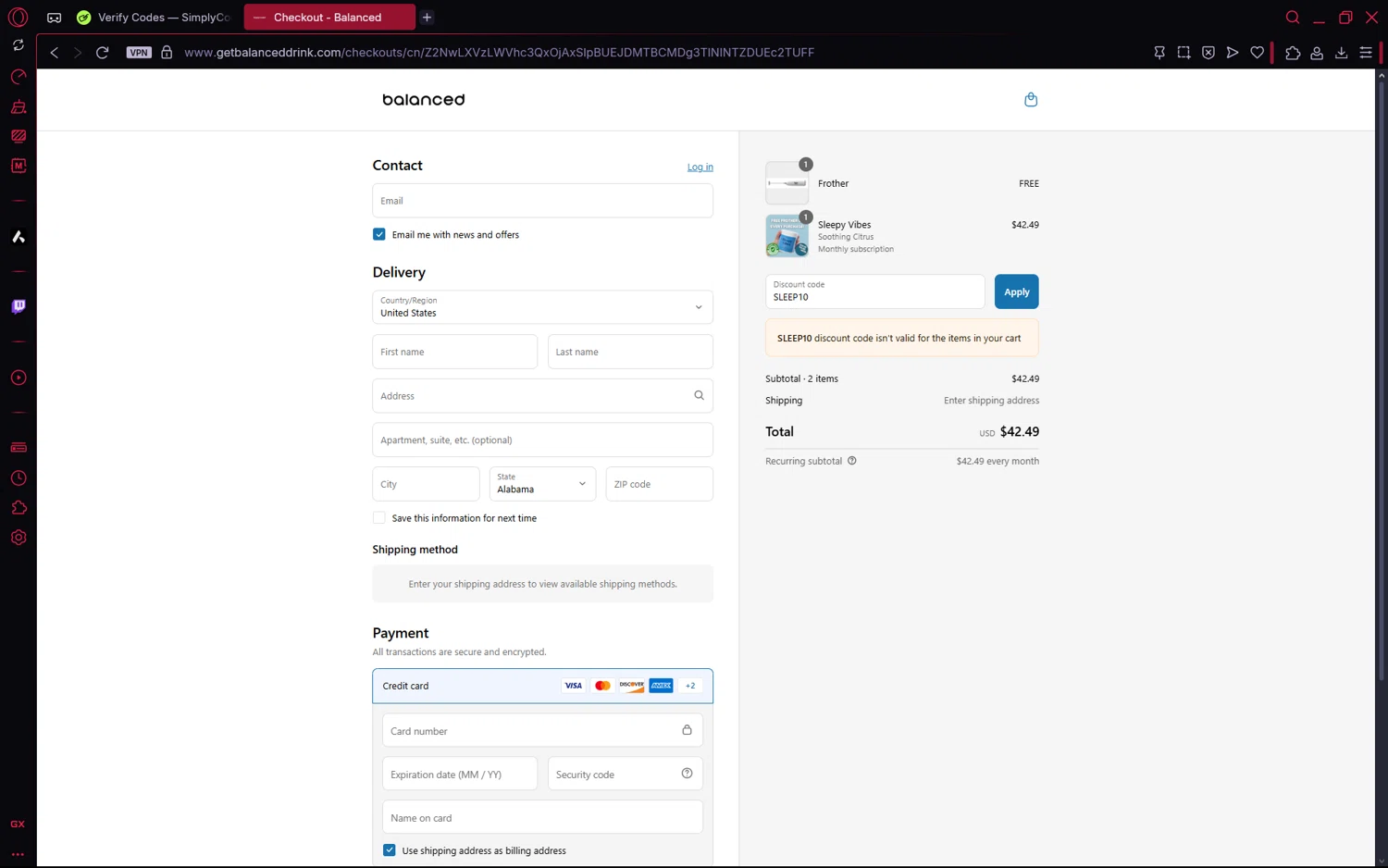 Balanced Supplements promo code screenshot showing code SLEEP10 applied at Balanced Supplements checkout page. Uploaded by SimplyCodes community member frijolito on Jul 4, 2025