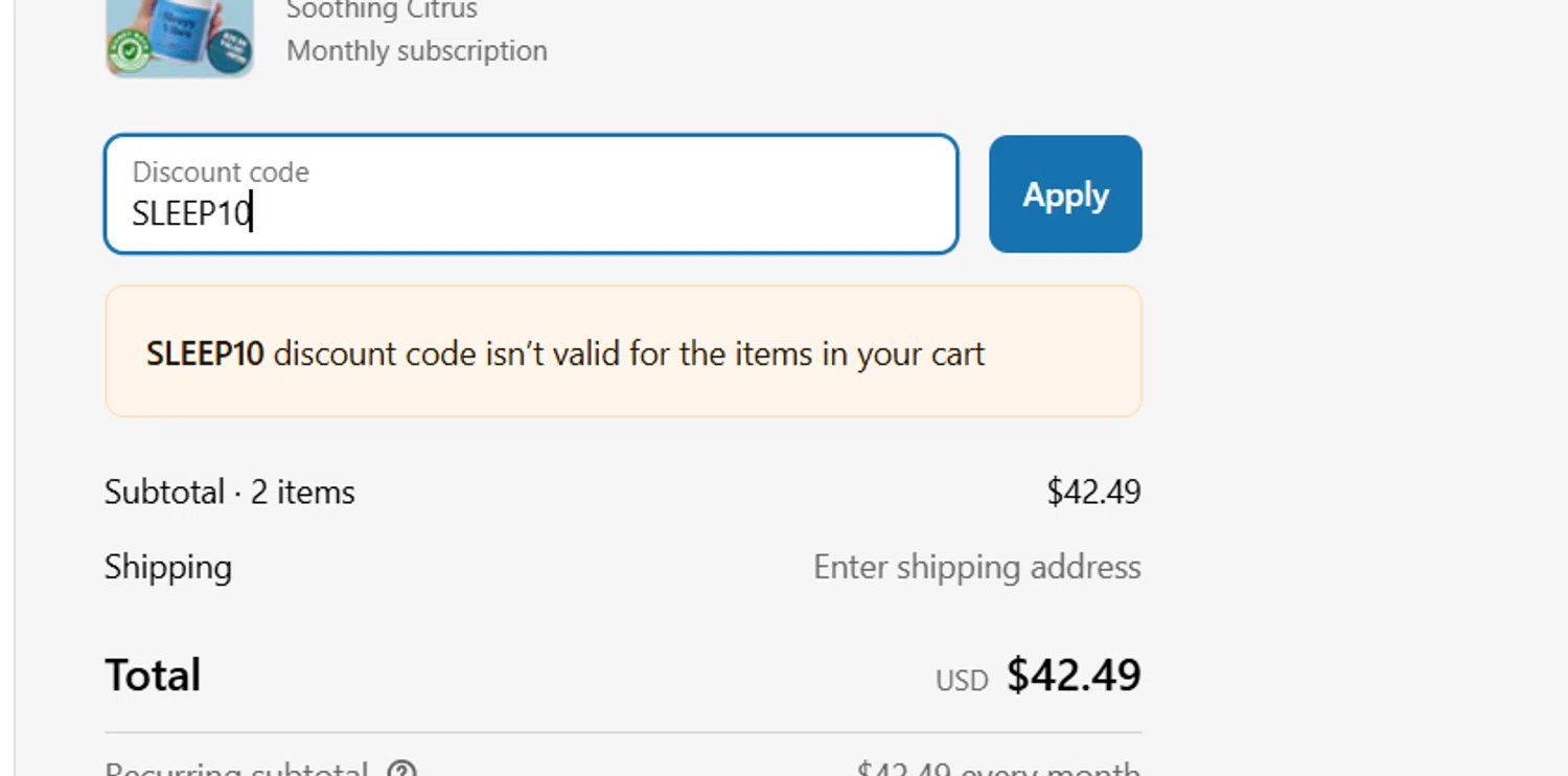Balanced Supplements promo code screenshot showing code SLEEP10 applied at Balanced Supplements checkout page. Uploaded by SimplyCodes community member SavvySentinel4769 on Apr 8, 2025