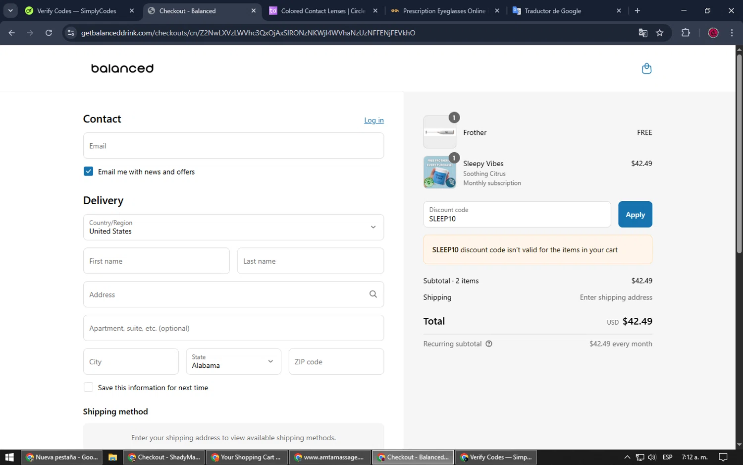 Balanced Supplements promo code screenshot showing code SLEEP10 applied at Balanced Supplements checkout page. Uploaded by SimplyCodes community member SrSolomon on May 7, 2025