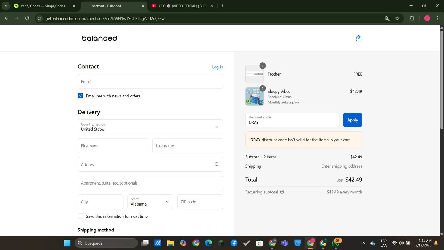 Balanced Supplements promo code screenshot showing code DRAY applied at Balanced Supplements checkout page. Uploaded by SimplyCodes community member MightyGuardian8404 on Aug 18, 2025