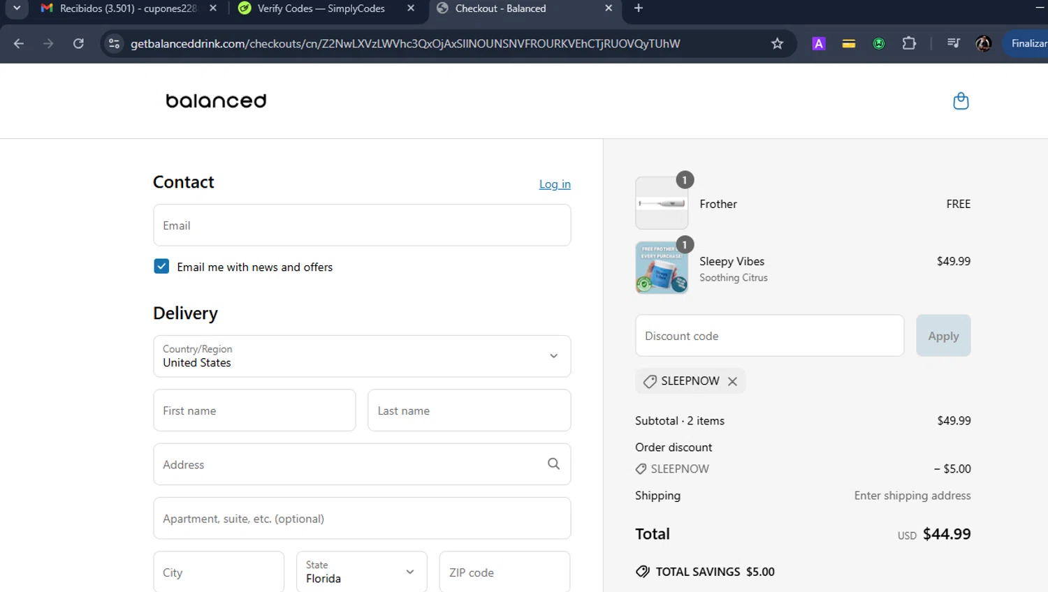 Balanced Supplements promo code screenshot showing code SLEEPNOW applied at Balanced Supplements checkout page. Uploaded by SimplyCodes community member Eduard on Jun 25, 2025