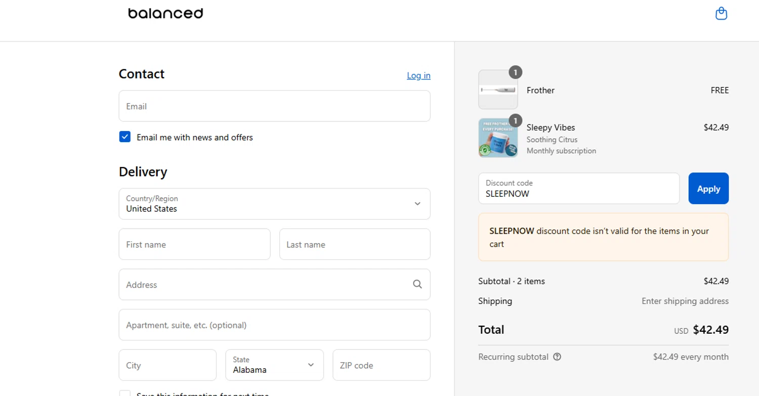 Balanced Supplements promo code screenshot showing code SLEEPNOW applied at Balanced Supplements checkout page. Uploaded by SimplyCodes community member BYEEEE on Aug 22, 2025