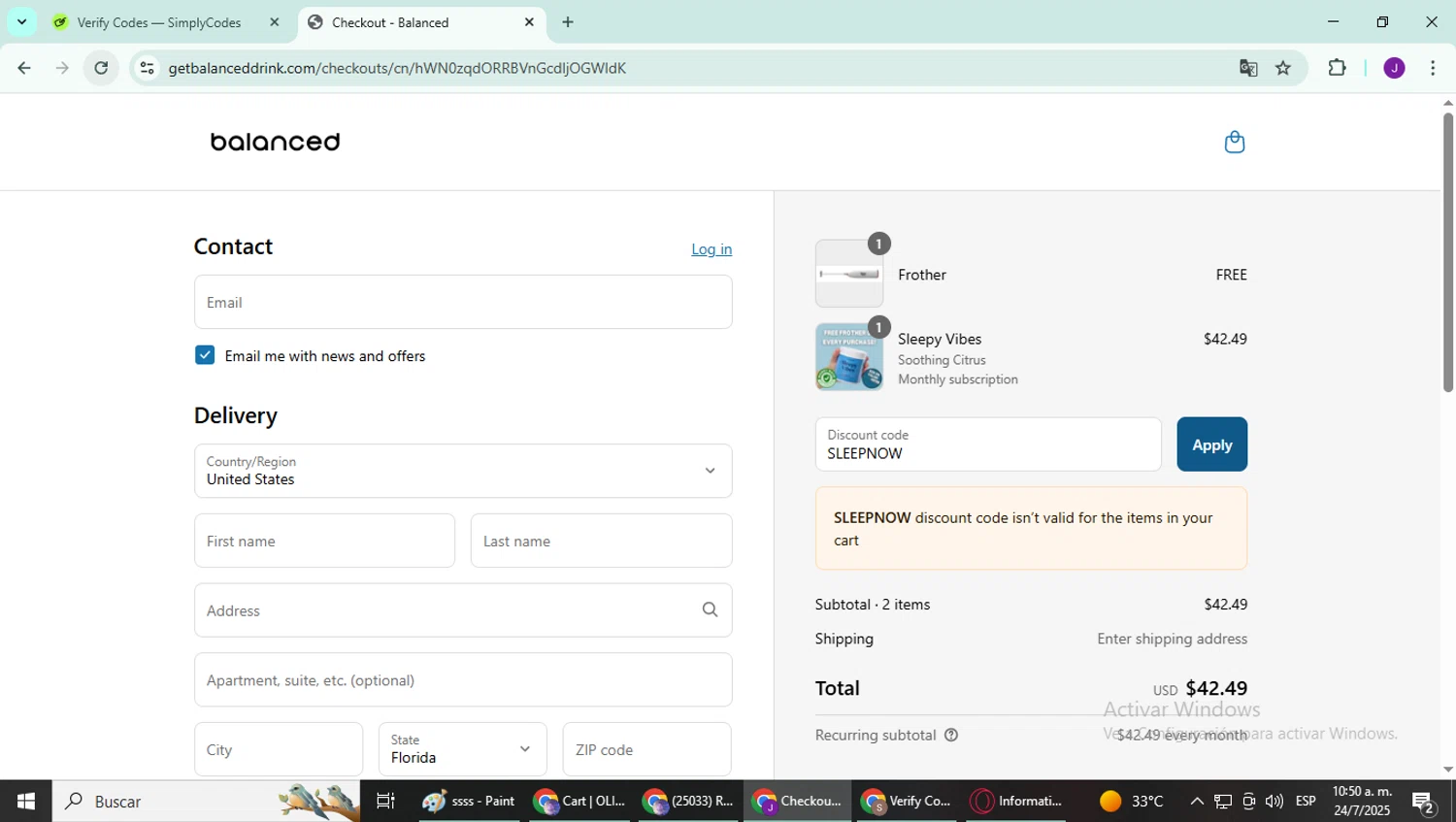 Balanced Supplements promo code screenshot showing code SLEEPNOW applied at Balanced Supplements checkout page. Uploaded by SimplyCodes community member YutakaH0shin0 on Jul 24, 2025