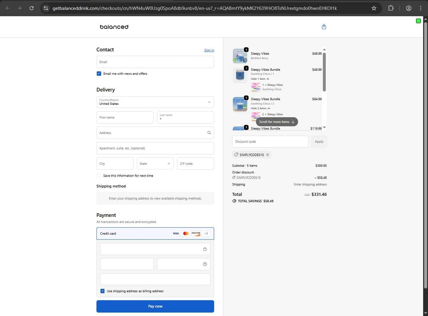 Balanced Supplements promo code screenshot showing code SIMPLYCODES15 applied at Balanced Supplements checkout page. Uploaded by SimplyCodes community member JakePerrox on Nov 4, 2025
