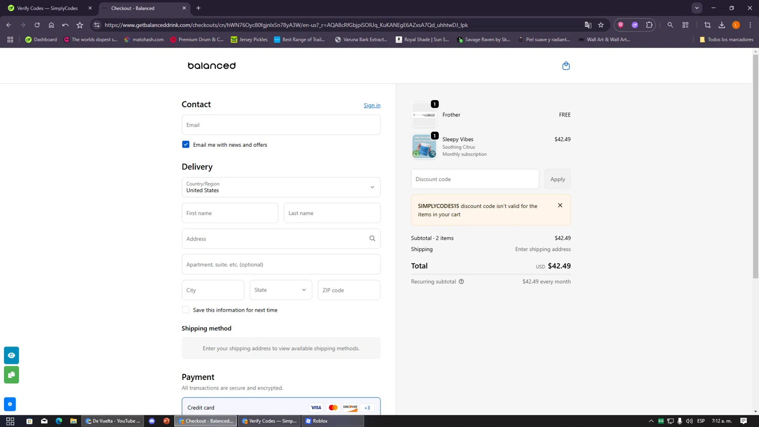 Balanced Supplements promo code screenshot showing code SIMPLYCODES15 applied at Balanced Supplements checkout page. Uploaded by SimplyCodes community member VayneChambeadora on Jan 1, 2026