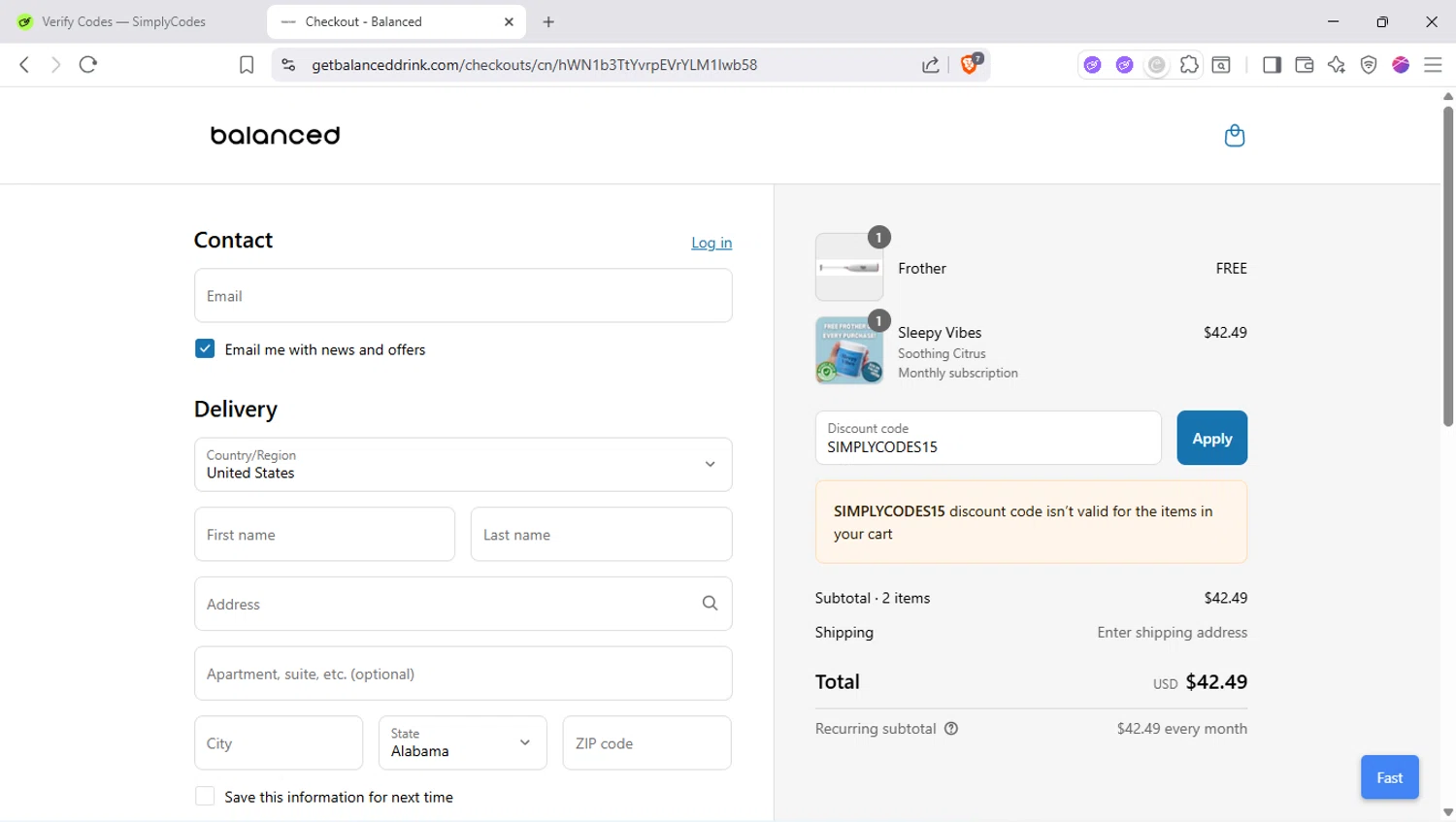 Balanced Supplements promo code screenshot showing code SIMPLYCODES15 applied at Balanced Supplements checkout page. Uploaded by SimplyCodes community member SapeGato on Aug 9, 2025