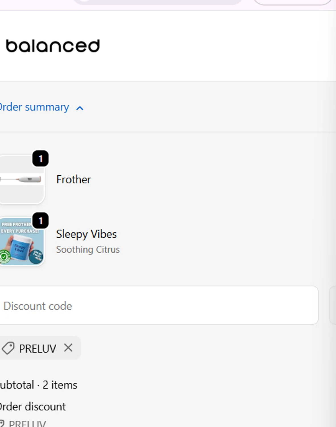 Balanced Supplements promo code screenshot showing code PRELUV applied at Balanced Supplements checkout page. Uploaded by SimplyCodes community member GoldLynx7797 on Nov 24, 2025