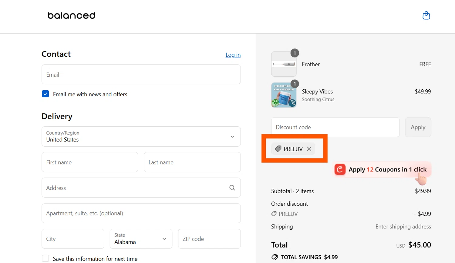 Balanced Supplements promo code screenshot showing code PRELUV applied at Balanced Supplements checkout page. Uploaded by SimplyCodes community member CleverSentinel4477 on Aug 29, 2025
