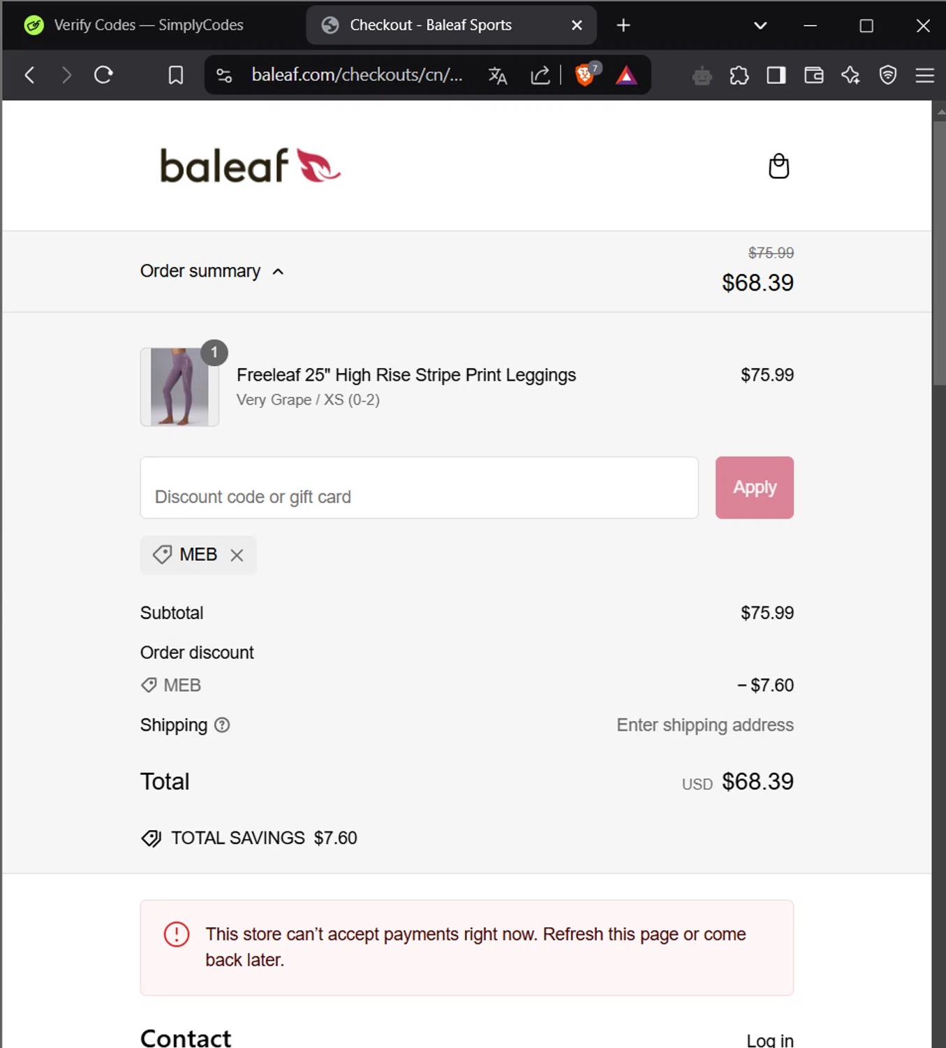 Baleaf Sports coupon code screenshot showing code MEB applied at Baleaf Sports checkout page. Uploaded by SimplyCodes community member RSuarez on Feb 10, 2025
