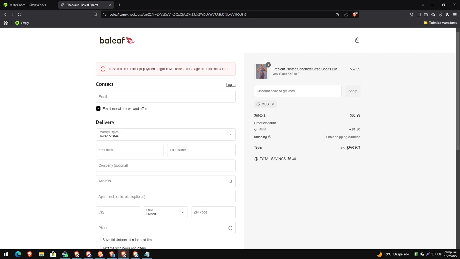 Baleaf Sports coupon code screenshot showing code MEB applied at Baleaf Sports checkout page. Uploaded by SimplyCodes community member TreasureEagle7585 on Feb 10, 2025