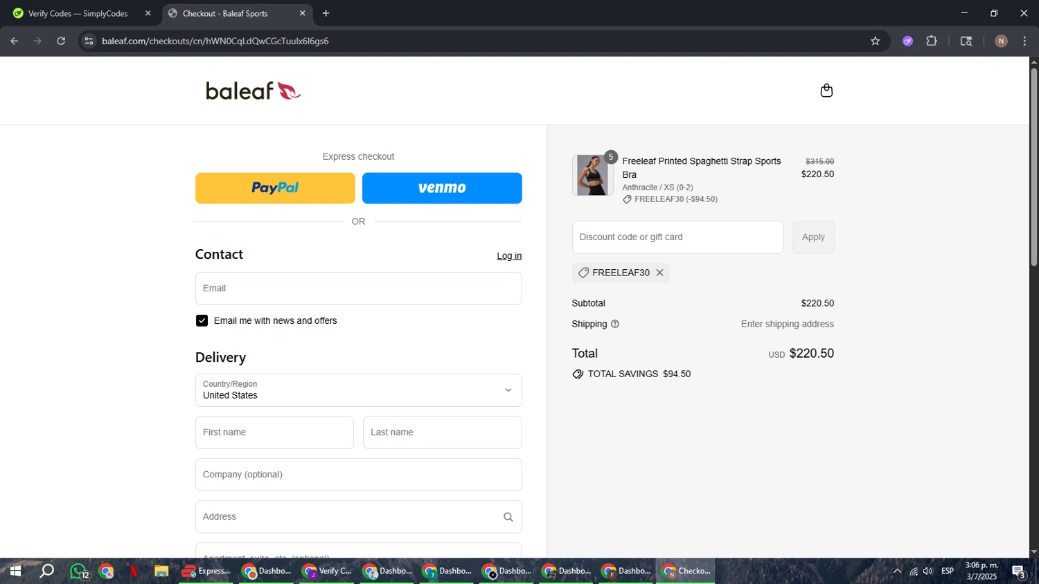 Baleaf Sports coupon code screenshot showing code FREELEAF30 applied at Baleaf Sports checkout page. Uploaded by SimplyCodes community member DiscountPioneer2554 on Jul 3, 2025