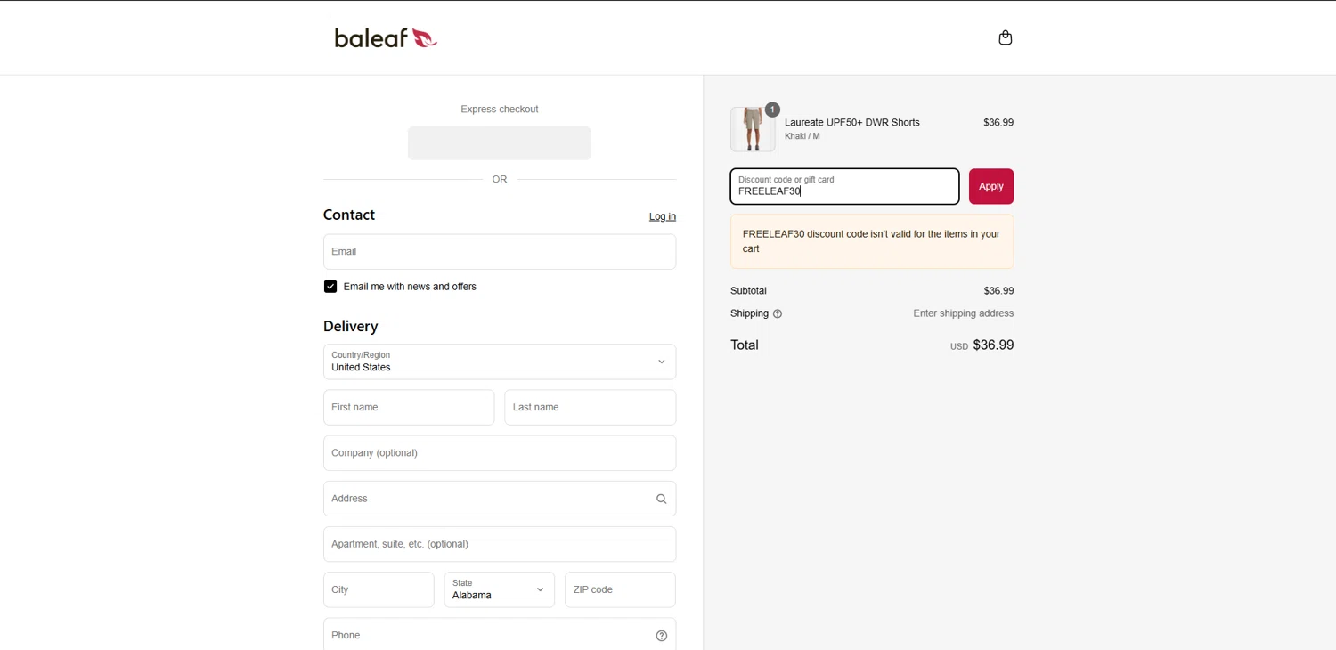Baleaf Sports coupon code screenshot showing code FREELEAF30 applied at Baleaf Sports checkout page. Uploaded by SimplyCodes community member Elosox1 on Aug 14, 2025