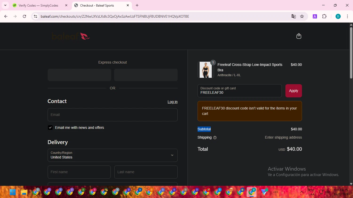 Baleaf Sports coupon code screenshot showing code FREELEAF30 applied at Baleaf Sports checkout page. Uploaded by SimplyCodes community member ShrewdTracker5871 on Jul 13, 2025
