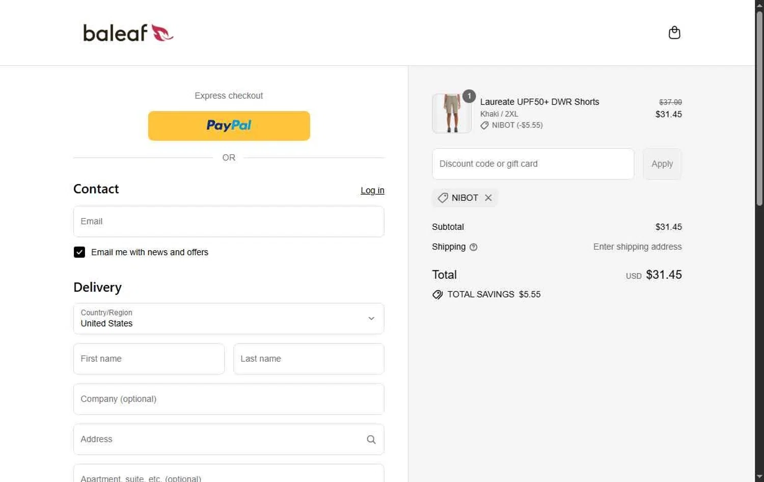 Baleaf Sports coupon code screenshot showing code NIBOT applied at Baleaf Sports checkout page. Uploaded by SimplyCodes community member Chukaflu on Aug 28, 2025