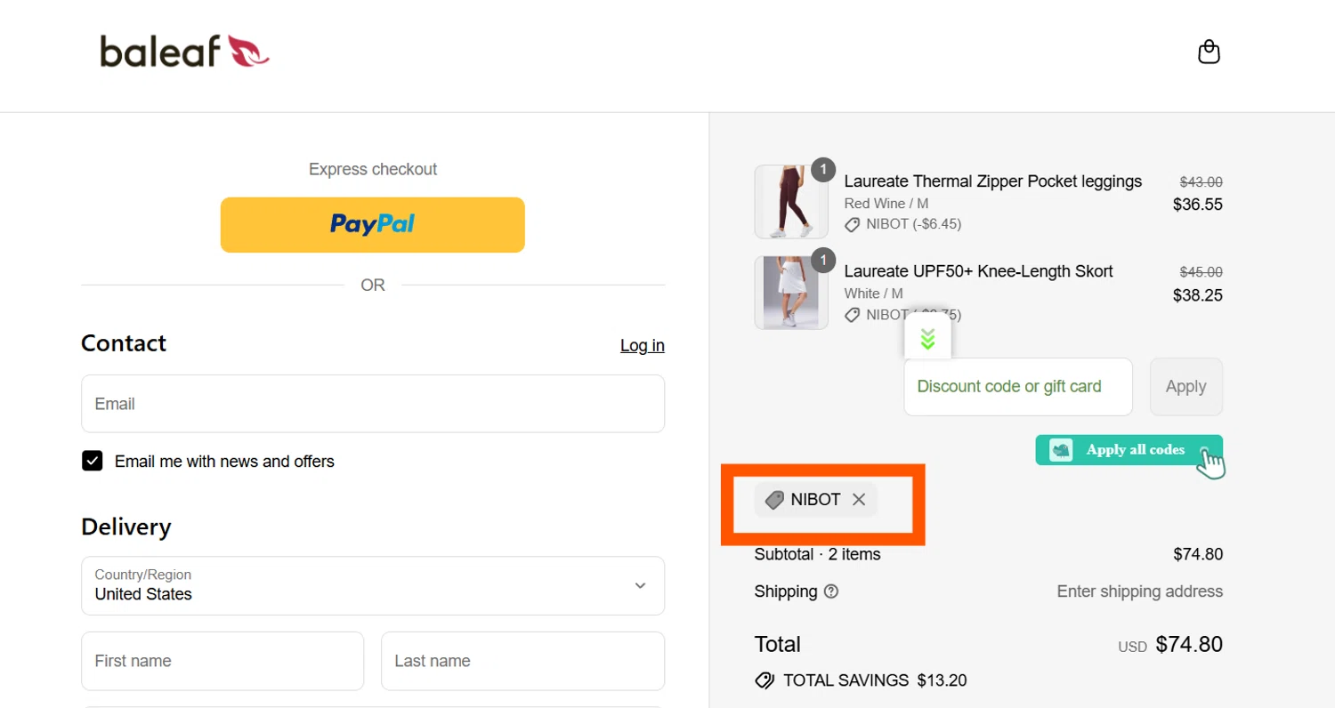 Baleaf Sports coupon code screenshot showing code NIBOT applied at Baleaf Sports checkout page. Uploaded by SimplyCodes community member CleverSentinel4477 on Aug 27, 2025